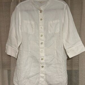 J. Jill White 100% Linen Collarless Button-Front Top..3/4 sleeve
